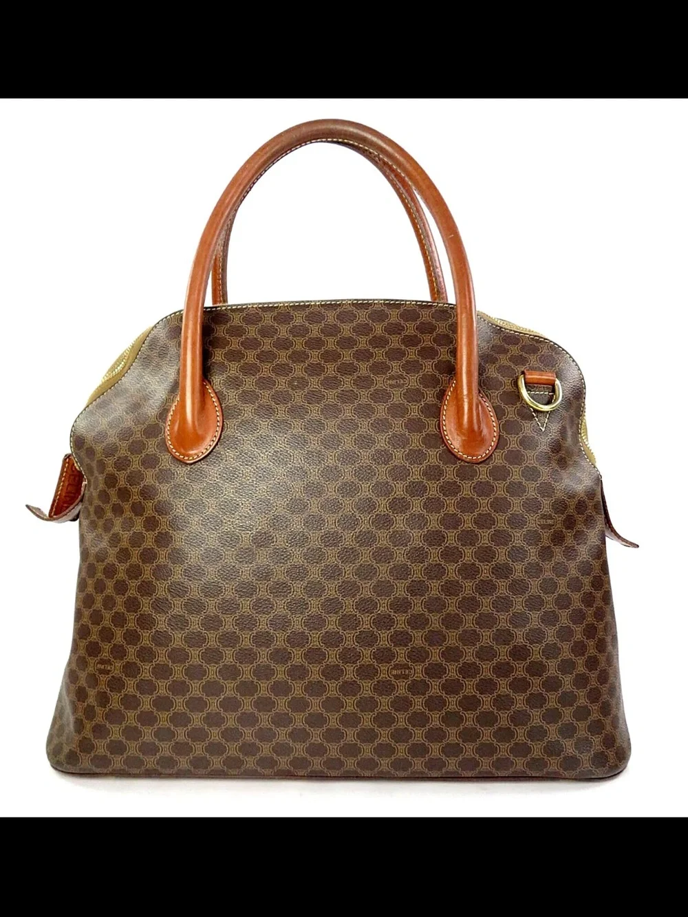 Celine Brown Patterned Dome Satchel with Tan Leather Handles